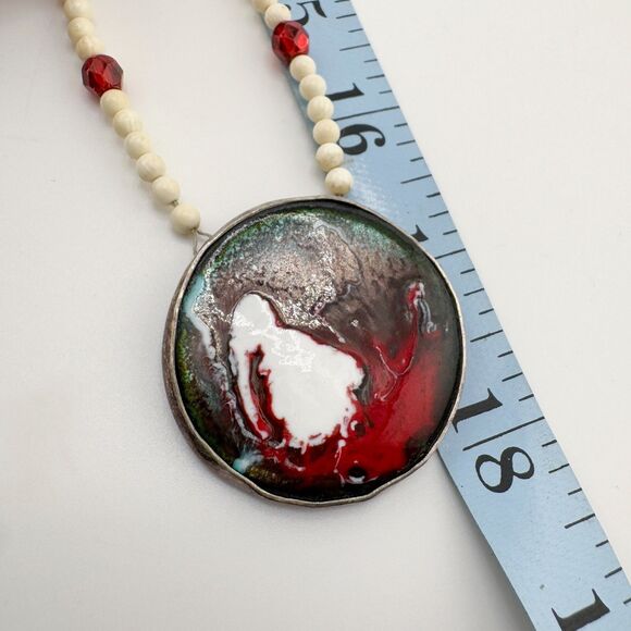 Vintage Handmade Enamel Sterling Silver Artisan Mother of Pearl Bead Necklace - Picture 13 of 14